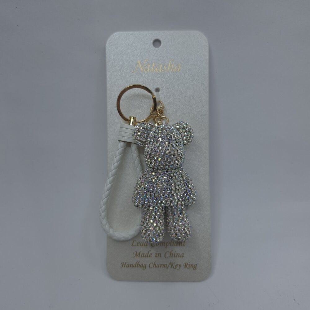 Natasha Crystal Rhinestone Teddy Bear Handbag Charm Key Ring White Gold Tone NEW